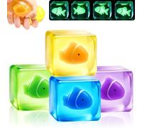 4PCS Glow in the Dark Ice Cube Squishy Fidget Toys, Soft Fish Sugar Squishy Toys, Fish Cube Stress Balls for Adults Kids, Cute Squishys Fidgets, Sensory Toys for Autism & Stress Relief