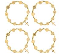 4pcs Gold Alloy Cross Rosary Bracelet for Women, Prayer Beads | Interwoven Charm Detail, round Bead Chain, Discreet Faith Gift for Formal Occasions and Confirmation