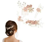 4PCS Gold Leaf Crystal Floral Bridal Hair Comb & Pins Set - Handmade Pink Wedding Tiara Headpiece Gift, Pearl & Rhinestone Fascinator Clips, Elegant Hair Grips Slides, Vintage Bridal Accessories