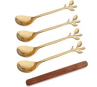 4Pcs Gold Leaf Espresso Coffee Spoon, Stainless Steel Ice-Cream Tea Sugar Spoon, 4.7 Inches Mini Stirring Spoons, Dessert Demitasse Spoons