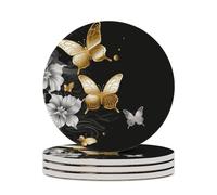 4PCS Gold White Butterflies Black Coasters Non-Slip Round Drink Coasters with Ceramic Stone and Cork Base, Heat Resistant Absorbent 33.00Stone Coaster Set for Kinds of Mugs and Cups, 4 Inch