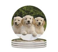 4PCS Golden Retriever Puppies Coasters Non-Slip Round Drink Coasters with Ceramic Stone and Cork Base, Heat Resistant Absorbent 33.00Stone Coaster Set for Kinds of Mugs and Cups, 4 Inch