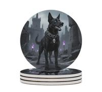 4PCS Gothic Black Dog Coasters Non-Slip Round Drink Coasters with Ceramic Stone and Cork Base, Heat Resistant Absorbent 33.00Stone Coaster Set for Kinds of Mugs and Cups, 4 Inch