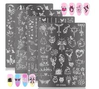 4Pcs Gothic Cute Nail Stamping Plate Set - Dark Kawaii Nail Art Templates, Stainless Steel Spooky Sweet Nail Stamp Plates with Skull & Lace Patterns for Halloween DIY Manicure Printing Tools