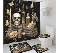 4Pcs Gothic Shower Curtain Set, Black Gold Skull Rose Bath Mat Rugs Accessories for Bathroom Decor, Autumn Vintage Waterproof Fabric Shower Curtain Set with Hooks 72x72 Inch