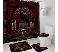 4Pcs Gothic Shower Curtain Set, Deep Red Black Raven Skull Bath Mat Rugs Accessories for Halloween Decor, Vintage Dark Waterproof Fabric Shower Curtain Set with Hooks 72x72 Inch