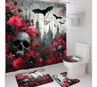 4Pcs Gothic Skull Shower Curtain Set, Red Black Floral Bath Mat Rugs Accessories for Halloween Decor, Spooky Modern Waterproof Fabric Shower Curtain Set with Hooks 72x72 Inch