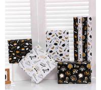4pcs Graduation Wrapping Paper Sheets, Recyclable Black Gold Bachelors Cap Congratulations Graduates Gift Present Packaging Paper for School Leavers Teacher-to-Students Gifts Decorations, (50 * 70cm)