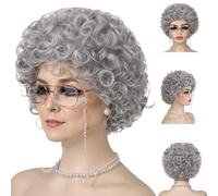 4Pcs Granny Wig Costume Set, Halloween Old Lady Fancy Dress Costume for Women, Includes Curls Old Lady Wig, Pearl Necklace, Glasses With Chain, Grey Wig with Accessories Halloween Cosplay Costumes