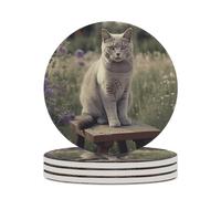 4PCS Gray Cat in Flower Field Coasters Non-Slip Round Drink Coasters with Ceramic Stone and Cork Base, Heat Resistant Absorbent 33.00Stone Coaster Set for Kinds of Mugs and Cups, 4 Inch