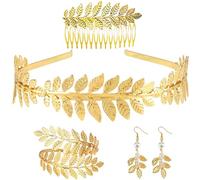 4Pcs Gr oddess Costume Accessories Set, Gold Laurel Leaf Headpiece Tiara Crown Headband with Arm Ring Earrings Hair Jewelry for Women Ancient Roman Costume Wedding Halloween Fancy Dress Party