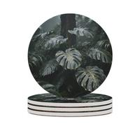 4PCS Grey Gold Plant Leaves Coasters Non-Slip Round Drink Coasters with Ceramic Stone and Cork Base, Heat Resistant Absorbent 33.00Stone Coaster Set for Kinds of Mugs and Cups, 4 Inch