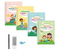 4Pcs Grooved Handwriting Book Set with Silicone Pen Grip Number Tracing & Math for Preschoolers English Handwriting Practice Sheets