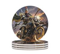 4PCS Guan Yu Rides A Motorcycle Coasters Non-Slip Round Drink Coasters with Ceramic Stone and Cork Base, Heat Resistant Absorbent 33.00Stone Coaster Set for Kinds of Mugs and Cups, 4 Inch