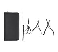 4pcs Hair Extension Tools Kit with Pliers Wire Loop Beading Hook Needle Scissors Storage Bag, Professional Microlink Tool Set for Micro Ring and Hand Tied Extensions (Black)