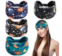 4PCS Hairband Women With Sun Moon Stars Print Boho Yoga Headbands,Soft And Comfortable Sports Headband, Non Slip Trendy Womens Elastic Headbands,Perfect For Yoga, Running And Everyday Life