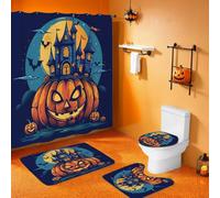 4Pcs Halloween Bathroom Shower Curtain Set for Bathroom Halloween Decor Pumpkin Bath Mat 71x71" Pumpkin Castle Cartoon Curtain with Rugs,Toilet Lid Cover, Bath Mat Bathroom Decor Set with 12 Hooks