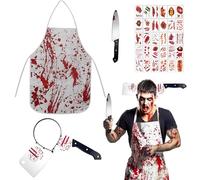 4Pcs Halloween Butcher Costume, Adult Male Halloweens Costumes, Horror Bloody Apron,Gloves,Headbands,Chef Knife,Stickers for Halloween Costumes Party Prop