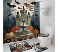 4Pcs Halloween Castle Shower Curtain Set, Dark Blue Bat Pumpkin Bath Mat Rugs for Bathroom Decor, Fall Modern Waterproof Fabric Shower Curtain with Hooks 72x72 Inch