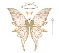 4Pcs Halloween Fairy Wing Elf Ears Flower Headband Set Gauze Fabric Fairy Wing Set Stamping Fairies Costume Sets with Reflective Coating Adjustable Strap Wings Decor for Cosplay Champagne Gold