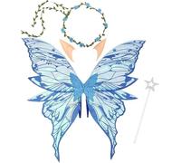 4pcs Halloween Fairy Wings Set for Girls Women Butterfly Wings Elf Ears Magic Wand Flower Headband for Cosplay (blue)