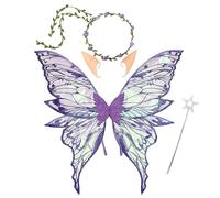 4pcs Halloween Fairy Wings Set for Girls Women Butterfly Wings Elf Ears Magic Wand Flower Headband for Cosplay (Purple)