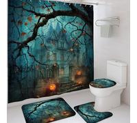 4Pcs Halloween Haunted House Shower Curtain Set, Dark Blue Scary Bath Mat Rugs Accessories for Bathroom Decor, Fall Waterproof Shower Curtain Set with Hooks 72x72 Inch