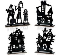 4Pcs Halloween Haunted House Wooden Table Centerpieces Decorations Black Wooden Sign Silhouette Sketch Ghost House Tabletop Spooky Tiered Tray Set for Indoor Home Halloween Party