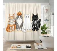 4PCS Halloween Maine Coons Cats Bathroom Accessory Sets with Non-Slip Rug, U Shape and Toilet Lid Cover Mat, Holiday Cute Funny Bathroom Fabric Decor-72''x72''