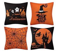 4Pcs Halloween Pillow Covers 18 x 18 Inch Scary Night Trick or Treat Pillowcase Spider Pumpkin Ghost Cushion Covers Soft Cotton Linen Halloween Decorations Cushion Cover for Sofa Bedroom Home Decor