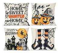 4PCS Halloween Pillow Covers, 18x18 Inch Orange & Black Polka Dot - Features Pumpkins, Ghosts & Cats, All-Weather Decor for Indoor/Outdoor Sofa, Couch or Bed