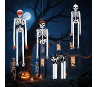 4PCS Halloween Posable Skeleton Ghosts Decor 145cm/4.75ft Halloween Hanging Skeleton Body Movable Decor with Cat Hanging Stretchable for Indoor Outdoor Haunted House Spooky Props Window Decorations