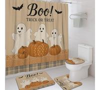 4Pcs Halloween Shower Curtain Set, Beige Ghost Pumpkin Bath Mat Rugs Accessories for Bathroom Decor, Autumn Modern White Waterproof Fabric Shower Curtain Set with Hooks 72x72 Inch