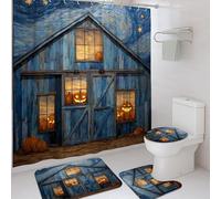 4Pcs Halloween Shower Curtain Set, Blue Pumpkin Barn Bath Mat Rugs Accessories for Bathroom Decor, Autumn Modern Waterproof Fabric Shower Curtain Set with Hooks 72x72 Inch