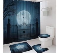 4Pcs Halloween Shower Curtain Set, Dark Blue Moon Bat Bath Mat Rugs Accessories for Bathroom Decor, Spooky Modern Waterproof Fabric Shower Curtain Set with Hooks 72x72 Inch
