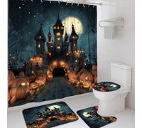 4Pcs Halloween Shower Curtain Set, Dark Blue Pumpkin Castle Bath Mat Rugs Accessories for Bathroom Decor, Spooky Modern Waterproof Fabric Shower Curtain Set with Hooks 72x72 Inch