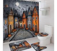 4Pcs Halloween Shower Curtain Set, Orange Grey Haunted House Bath Mat Rugs Accessories for Bathroom Decor, Fall Modern Waterproof Fabric Shower Curtain Set with Hooks 72x72 Inch