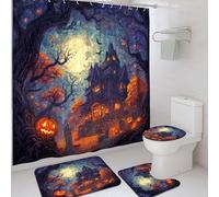 4Pcs Halloween Shower Curtain Set, Violet Orange Haunted House Bath Mat Rugs Accessories for Bathroom Decor, Fall Spooky Waterproof Fabric Shower Curtain Set with Hooks 72x72 Inch