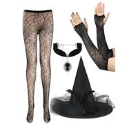 4PCS Halloween Witch Costumes Set Women Witch Costume with Black Witches Hat Spider Web Gloves Fishnet Stockings Tights Pendant Choker Necklace Gothic Cosplay Accessory for Halloween Cosplay Party
