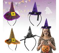 4Pcs Halloween Witch Hat Headbands - Witch Costume Accessories with Cobweb & Sequin Design, Sparkly Belt Buckle Hair Hoop for Women, Kids & Adults, Fancy Dress Cosplay Party Decoration