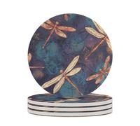 4PCS Hand Painted Dragonfly Coasters Non-Slip Round Drink Coasters with Ceramic Stone and Cork Base, Heat Resistant Absorbent 33.00Stone Coaster Set for Kinds of Mugs and Cups, 4 Inch