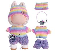 4pcs Handcrafted 15cm/17cm Doll Clothes Set for Labubu (No Doll), Cute and Premium Outfits Accessories, Hand Crocheted Hat, Sweaters, Skirt, Bag (Rainbow) AK052