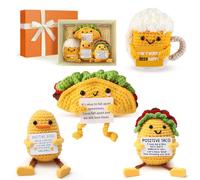 4Pcs Handmade Emotional Support Crochet Foodie Set: Yellow Taco & Beer Mug in Gift Box, Positive Knitted Dolls for Women Men,Motivational Cute Plush Toy for Girls Friends, Home Desk Decor