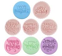 4PCS Happy Birthday Cookie Stamp Cookie Cutters, 3D Design Fondant Stamps, Acrylic Round Cookie Stamps for Cupcake, Cake, Fondant Decoration