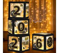 4Pcs Happy New Year Balloon Boxes with Lights Decorations,Black Gold 2026 New Years Eve Decor for New Years Eve Party Supplies