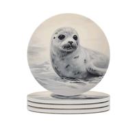 4PCS Harp Seal Painting Coasters Non-Slip Round Drink Coasters with Ceramic Stone and Cork Base, Heat Resistant Absorbent 33.00Stone Coaster Set for Kinds of Mugs and Cups, 4 Inch