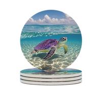 4PCS Hawaii with Purple Sea Turtle Coasters Non-Slip Round Drink Coasters with Ceramic Stone and Cork Base, Heat Resistant Absorbent 33.00Stone Coaster Set for Kinds of Mugs and Cups, 4 Inch
