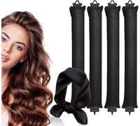 4PCS Heatless Curling Rods, Heatless Blowout Rods with Satin Silk Head Hair Scarf - No Heat Hair Rollers for All Hair Types - DIY Overnight Blowout Rods (Black, One Size)