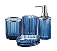 4PCs Heavy Weight Decent Blue Glass Bathroom Accessories Set with Decorative Pressed Pattern - Includes Hand Soap Dispenser & Tumbler & Soap Dish & Toothbrush Holder (Cobalt Blue)