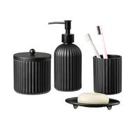 4PCs Heavy Weight Decent Glass Bathroom Accessories Set with Decorative Pressed Pattern - Includes Hand Soap Dispenser & Tumbler & Soap Dish & Toothbrush Holder (Black)